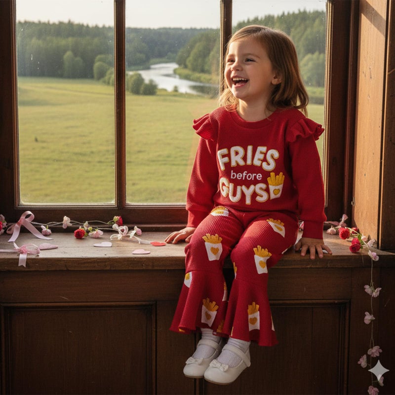 Socutebabe Toddler Baby Girl Valentines Day Outfit Fries Before Guys Sweatshirt Long Sleeve Pullover Flare Pants Cute Clothes (Fries Before Guys-Red, 3-4Y) - Image 3