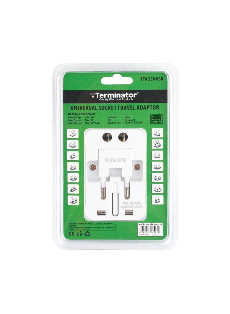 Terminator brand Multi Pin Travel Adaptor With Universal Socket & 2 USB 2.1A - Image 2