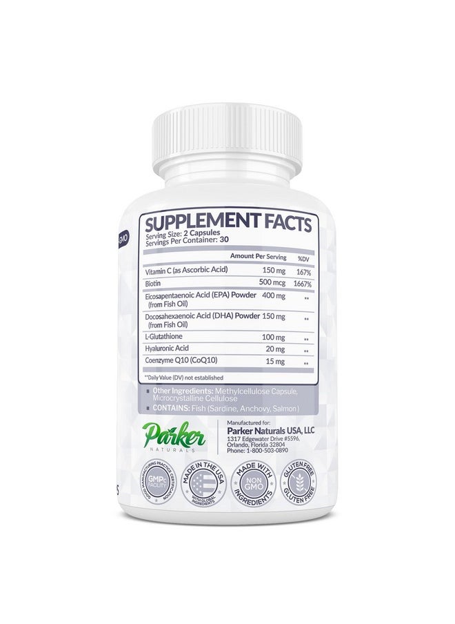 باركر ناشتورالز - مكمل غذائي للعناية بالبشرة من Parker Naturals - البيوتين، الجلوتاثيون، حمض الهيالورونيك، زيت السمك أوميجا 3 DHA/EPA، CoQ10، فيتامين C، مكمل طبيعي للعناية بالبشرة، 60 كبسولة - Image 1