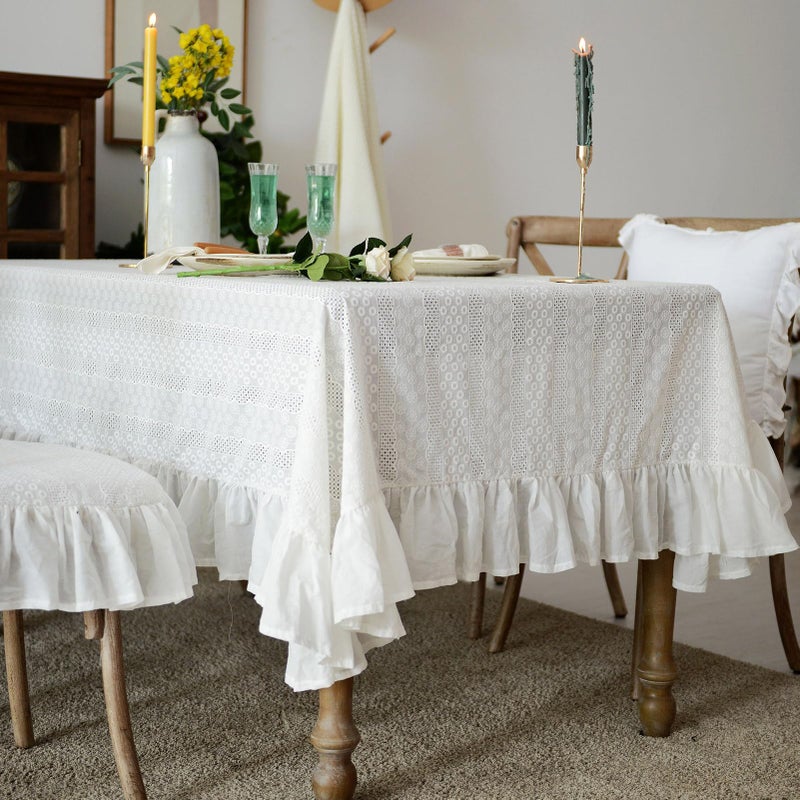 Artbloss White Cotton Tablecloth Ruffled Lace Embroidered Fabric Tablecloths RusticFrench Washable Table Cover for Indoor Outdoor Home Holiday Party Christmas (White, 60 x 104 Inches) - Image 3