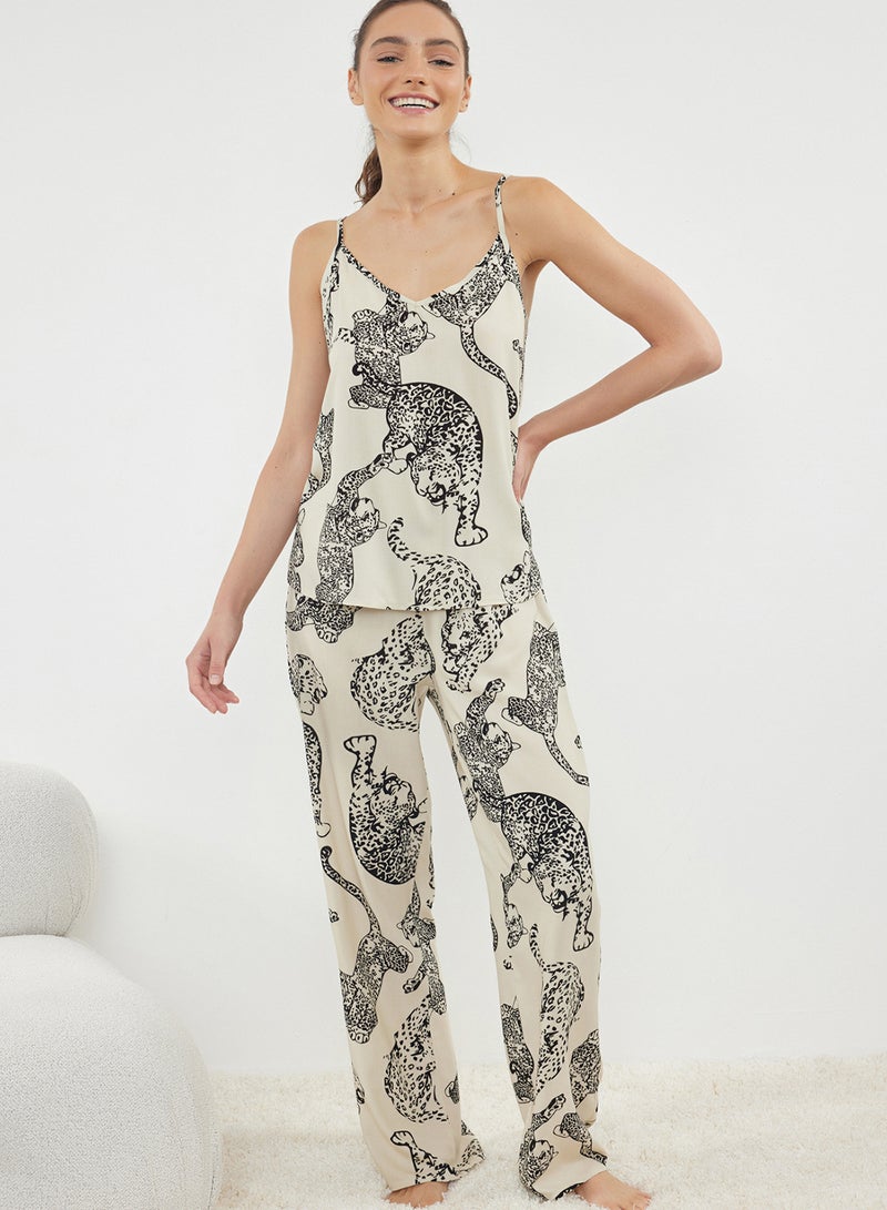 trendyol Cream Tiger Patterned Rope Strap Viscose Woven Pajamas Set Thmss24Pt00127 - Image 2