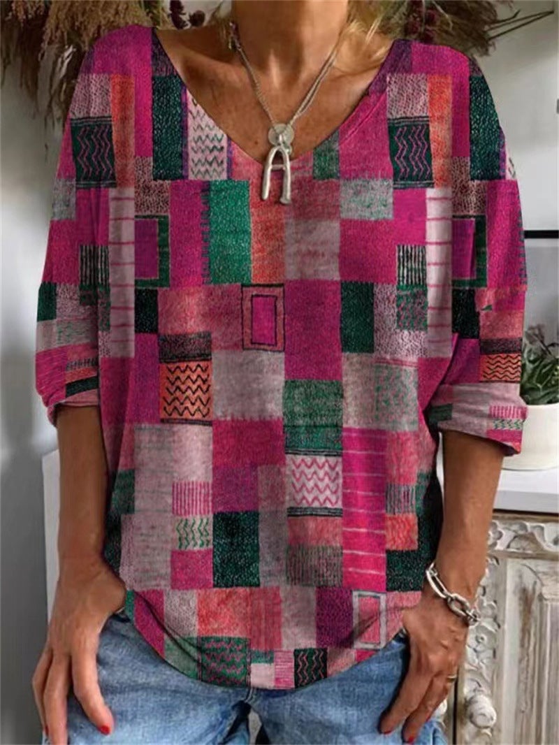 Independent Station Wish2023 Loose Long Sleeve Geometric Pattern 3D Digital Printing V-Neck Half Sleeve T-Shirt For Women - Image 1