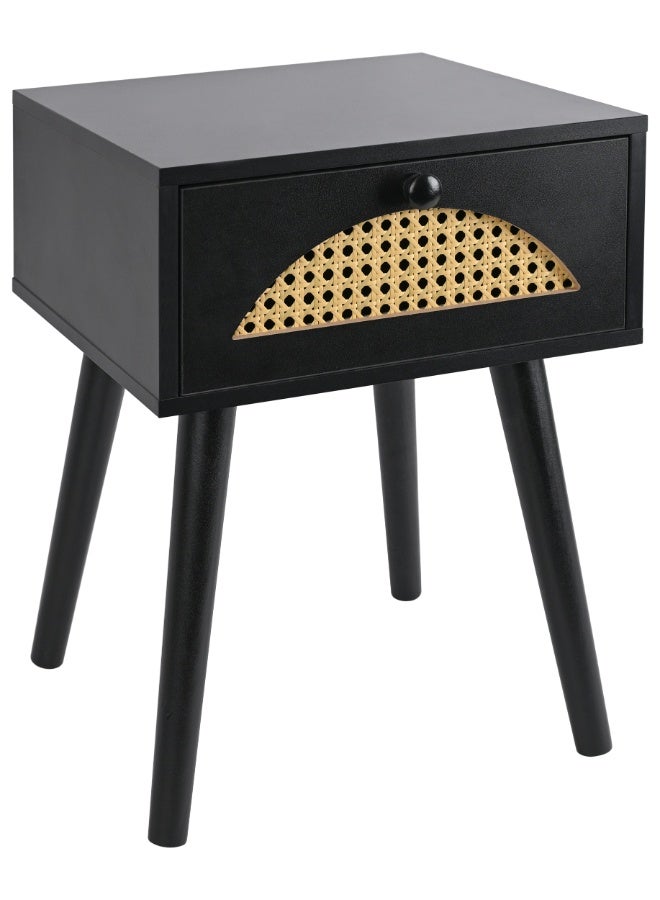 أولييرو طاولة سرير جانبية لغرفة النوم مع راتان - طاولة جانبية بسيطة جانبية مع درج تخزين واحد - أسود - 34x29x46 سم - Image 2