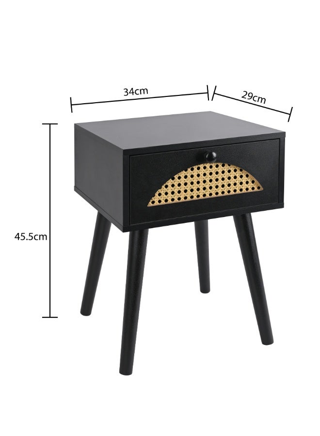 أولييرو طاولة سرير جانبية لغرفة النوم مع راتان - طاولة جانبية بسيطة جانبية مع درج تخزين واحد - أسود - 34x29x46 سم - Image 3