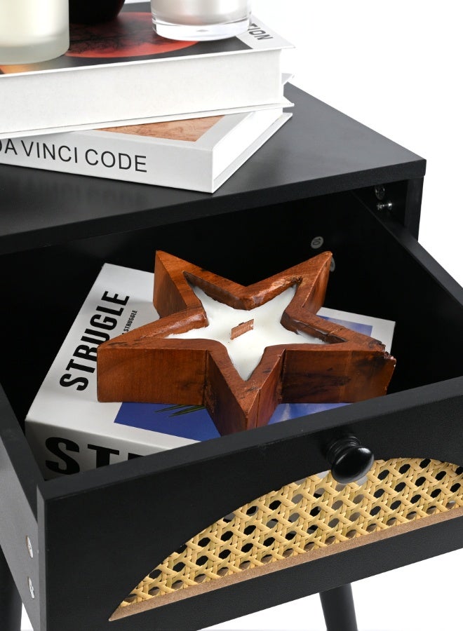 أولييرو طاولة سرير جانبية لغرفة النوم مع راتان - طاولة جانبية بسيطة جانبية مع درج تخزين واحد - أسود - 34x29x46 سم - Image 5