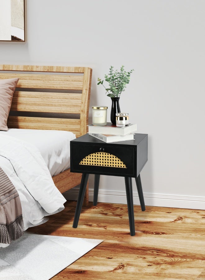أولييرو طاولة سرير جانبية لغرفة النوم مع راتان - طاولة جانبية بسيطة جانبية مع درج تخزين واحد - أسود - 34x29x46 سم - Image 1