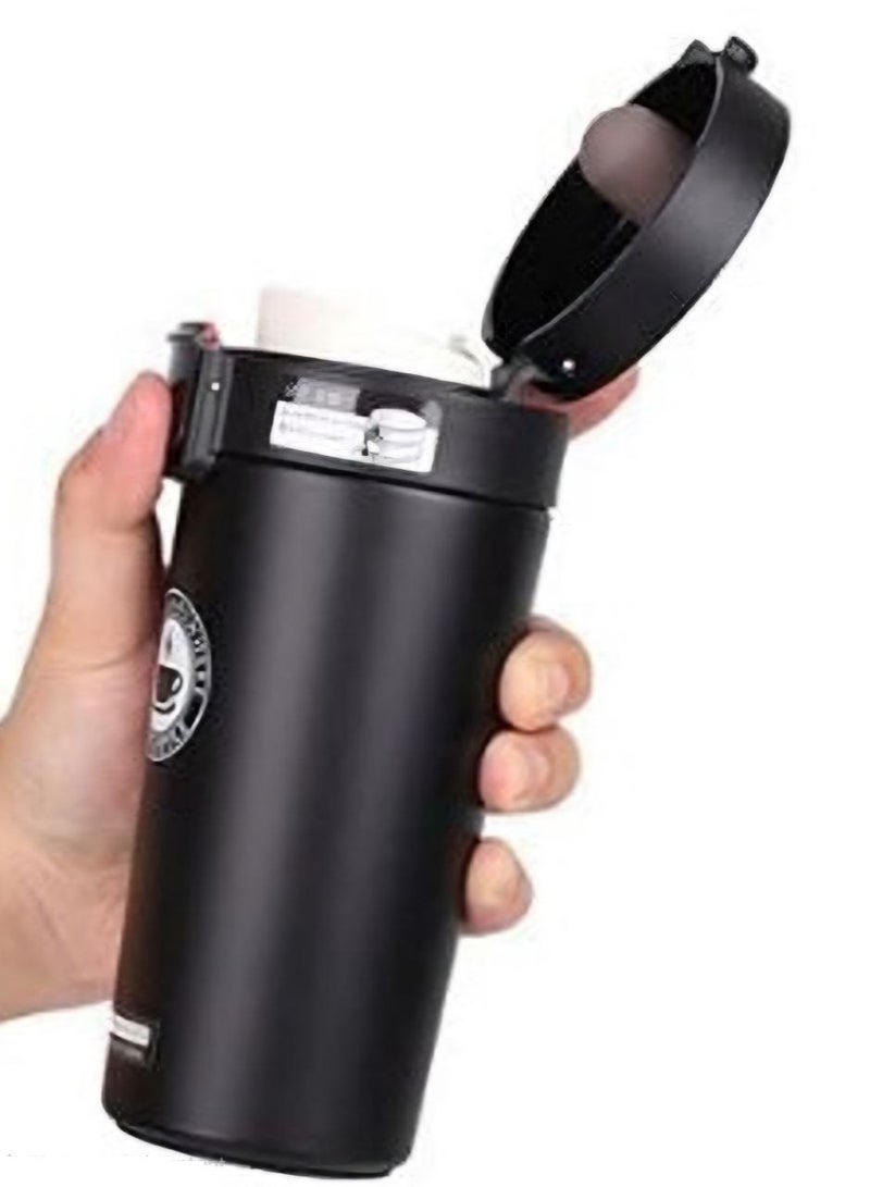 مج وترمس حراري أصلي بسعة 380 مل، زجاجة حرارية ، ترمس شاي وقهوة يحافظ على الحرارة معزول بتفريغ الهواء من الستانلس ستيل 304، مناسب للسفر والمشروبات الساخنة والباردة، ومثالي للأطفال والرضع. يتميز بتصميم مقاوم للتسرب ويعتبر هدية رائعة للاستخدام في الهواء الطلق، المكتب، المنزل، والرياضة، متوفر بلون أسود ستان أنيق- مج قهوة و نسكافيه وكابتشينو وشاي - مج مناسب لمسند السيارة - مج كوفي- عازل بجدار مزدوج من الستانلس ستيل وبمصفاة شبكية وغطاء قابل للطي للحفاظ على المشروبات باردة وساخنة - كوب حراري معزول بتفريغ الهواء من الستانلس ستيل بجدار مزدوج للشاي والقهوة والسفر مع غطاء قلاب وفلتر شبكي للمشروبات الساخنة والباردة لمدة 6 ساعات - Image 1