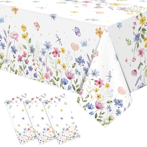 KEASKELL 3 Pcs Spring Floral Tablecloth Decorations, Disposable Wildflower Butterfly Table Cloths Floral Party Rectangle Table Covers for Easter Wedding Spring Party Supplies, 54x108 Inches - Image 1