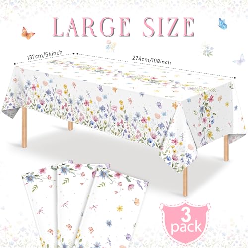 KEASKELL 3 Pcs Spring Floral Tablecloth Decorations, Disposable Wildflower Butterfly Table Cloths Floral Party Rectangle Table Covers for Easter Wedding Spring Party Supplies, 54x108 Inches - Image 2