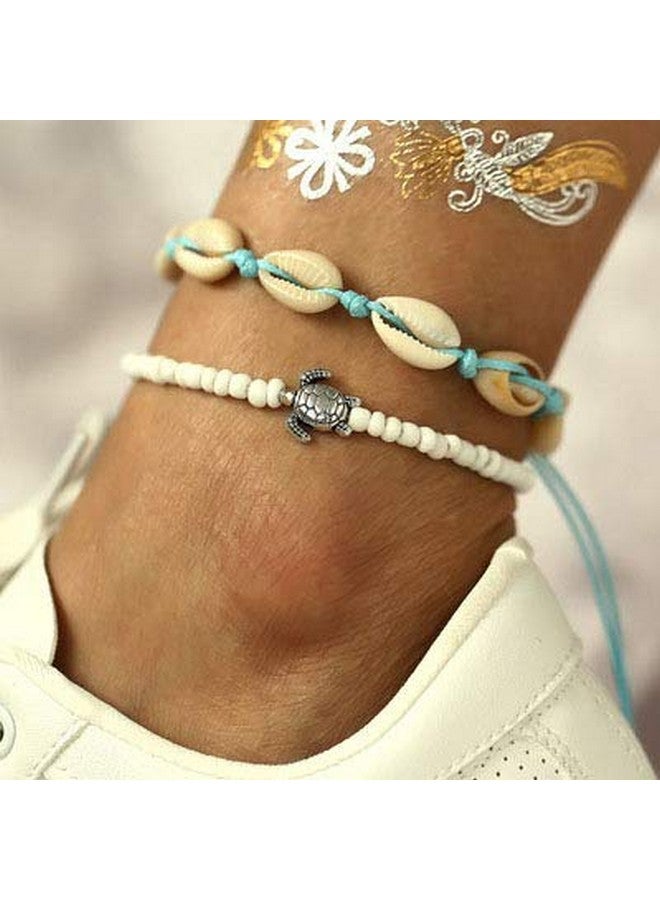 Aluinn Boho Turtle Layered Shell Anklet Set Silver Ankle Bracelets Beaded Foot Chain Beach Foot Jewelry Accessories For Women Summer Gifts - Image 4