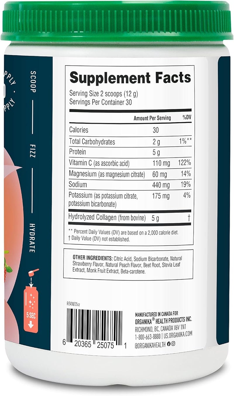 Organika Organik Electrolytes with Enhanced Collagen Powder for Women  Men  13 oz  Strawberry PeachFlavored Effervescent Electrolyte  Collagen Drink Mix  Deep Hydration Mobility Skin Hair  Nails - Image 3