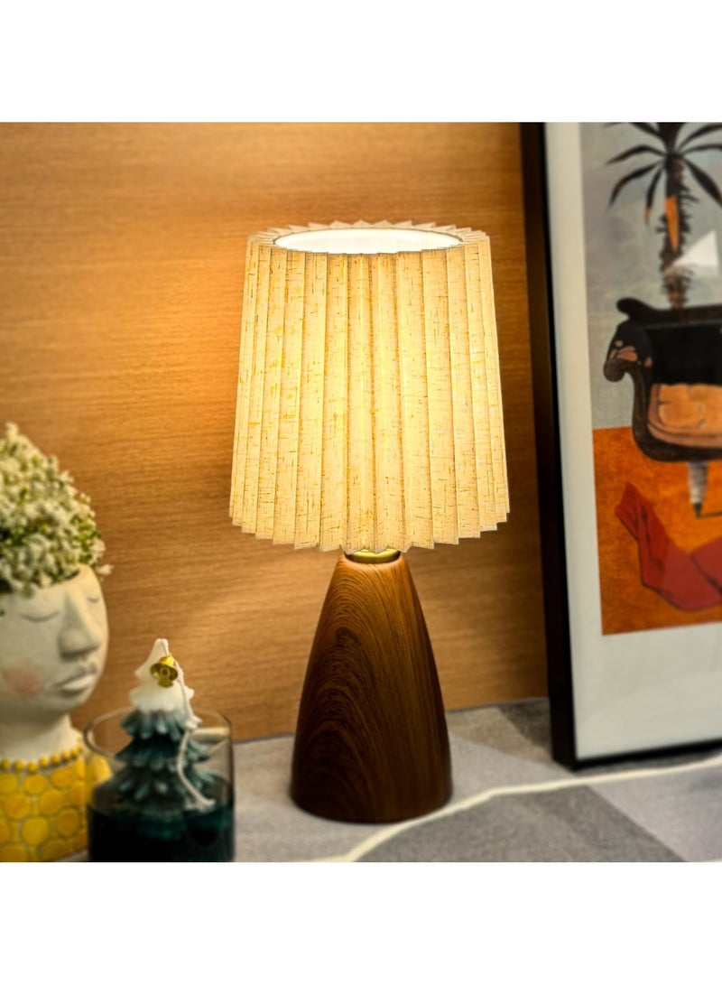 Bolivia's Small Pleated Table Lamp for Bedroom, Bedside Lamp for Nightstand, Dimmable Desk Lamp Ceramic Wood Grain Base Round Flaxen Fabric Shade for Living Room, Kids Room,LED Bulb Included - Image 1