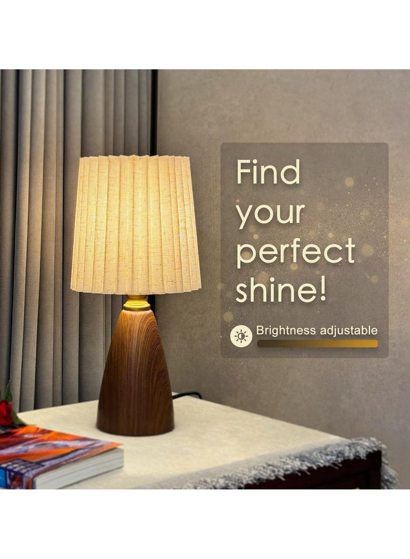 Bolivia's Small Pleated Table Lamp for Bedroom, Bedside Lamp for Nightstand, Dimmable Desk Lamp Ceramic Wood Grain Base Round Flaxen Fabric Shade for Living Room, Kids Room,LED Bulb Included - Image 4