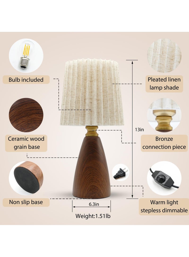 Bolivia's Small Pleated Table Lamp for Bedroom, Bedside Lamp for Nightstand, Dimmable Desk Lamp Ceramic Wood Grain Base Round Flaxen Fabric Shade for Living Room, Kids Room,LED Bulb Included - Image 3