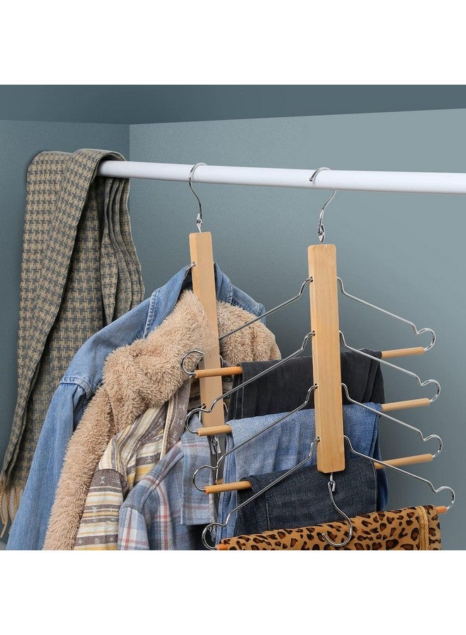 ROLLYWARE ROLLYWARE® 4 Layer Folding Wooden Pants Hanger Space Saving with 180 Degree Rotation Chrome-Plated Clothes Hook Wooden Hangers-Non Slip Multi-Layer Hangers Space Saving (2, Natural Wood)  - Image 1
