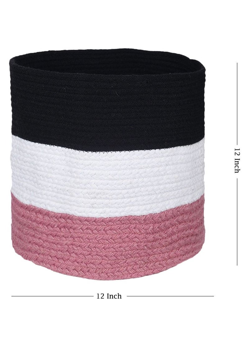 N & H Eco-friendly Handwoven Multipurpose Designer Baskets for Storage Organizer & Indoor Planters (Black, White & Pink) - Image 3