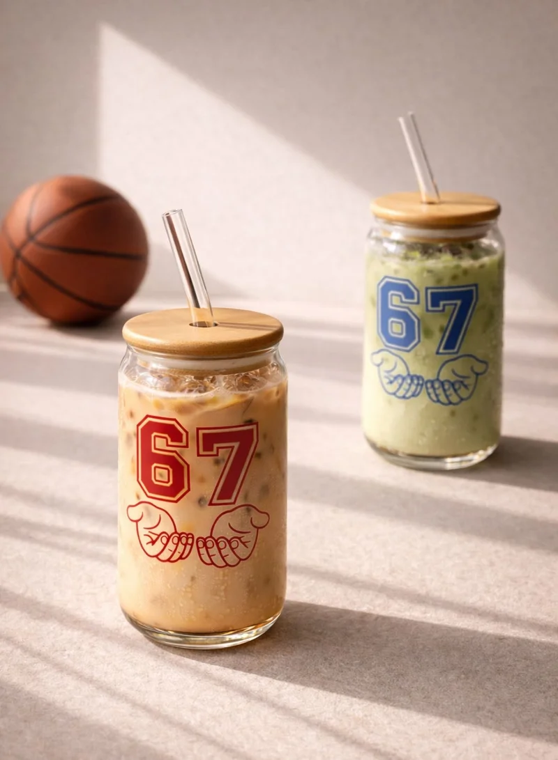 1Chase SPORTS “67” 67 Sports Sipper Glass Set of 2 (550ML) – Borosilicate Can Shaped Glasses with Bamboo Lids & Reusable Glass Straws for Iced Coffee, Smoothies,  Juice  | Best Price UAE