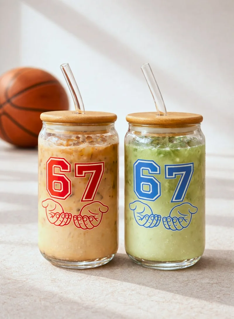 1Chase 67 Sports Sipper Glass Set of 2 (550ML) – Borosilicate Can Shaped Glasses with Bamboo Lids & Reusable Glass Straws for Iced Coffee, Smoothies,  Juice