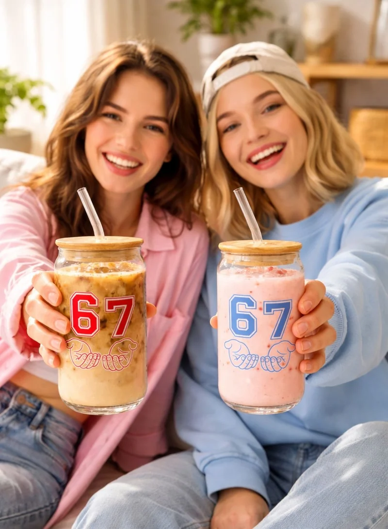 1Chase 67 Sports Sipper Glass Set of 2 (550ML) – Borosilicate Can Shaped Glasses with Bamboo Lids & Reusable Glass Straws for Iced Coffee, Smoothies,  Juice