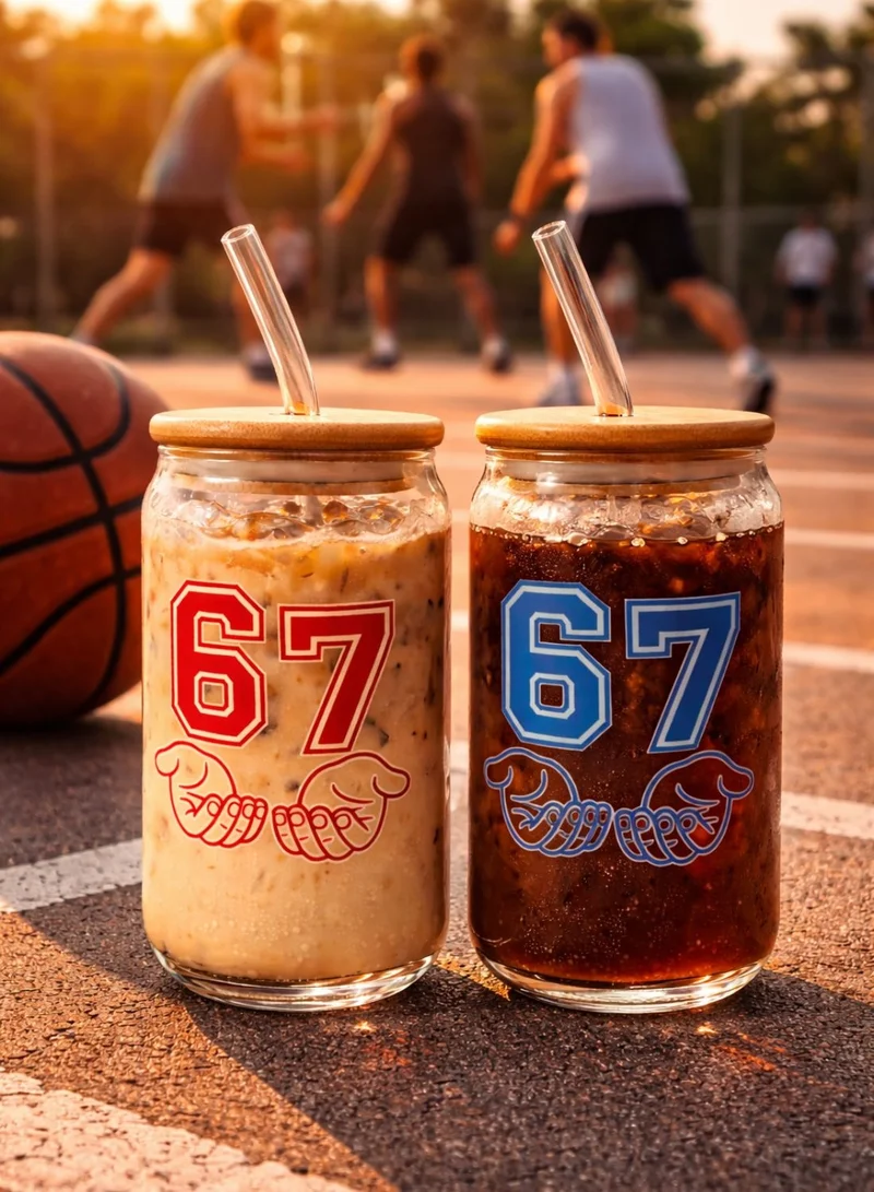 1Chase SPORTS “67” 67 Sports Sipper Glass Set of 2 (550ML) – Borosilicate Can Shaped Glasses with Bamboo Lids & Reusable Glass Straws for Iced Coffee, Smoothies,  Juice  | Best Price UAE