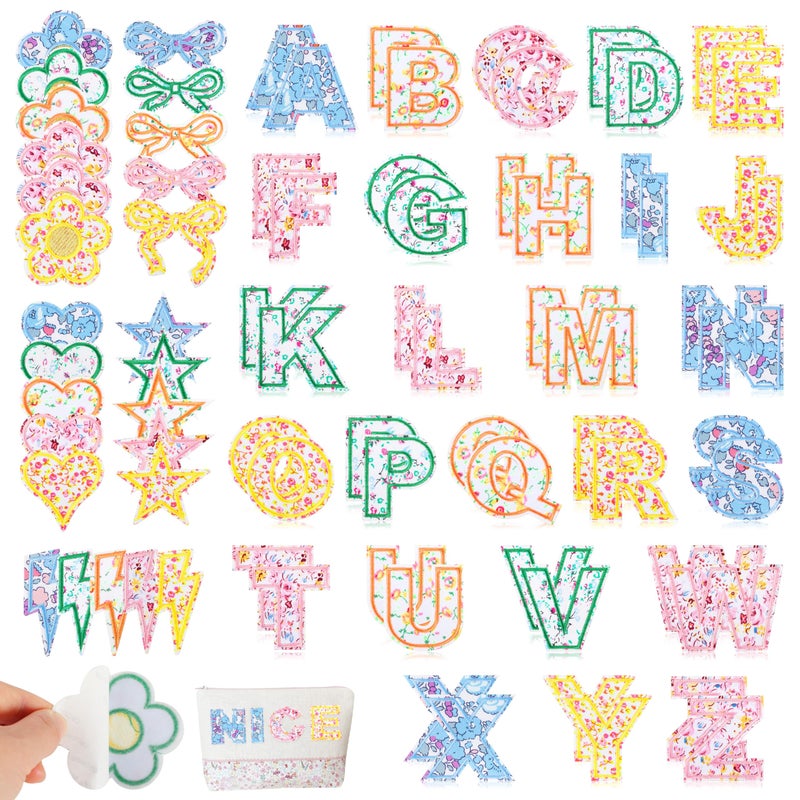 SelfAdhesive Letter Patches for Kids Bags NICEVINYL 78PCS Multicolor Floral Fabric Varsity Letters Stick on Patches  Cute Flower Star Heart Lighting Bows Sticker for Clothing Jackets Jeans Caps