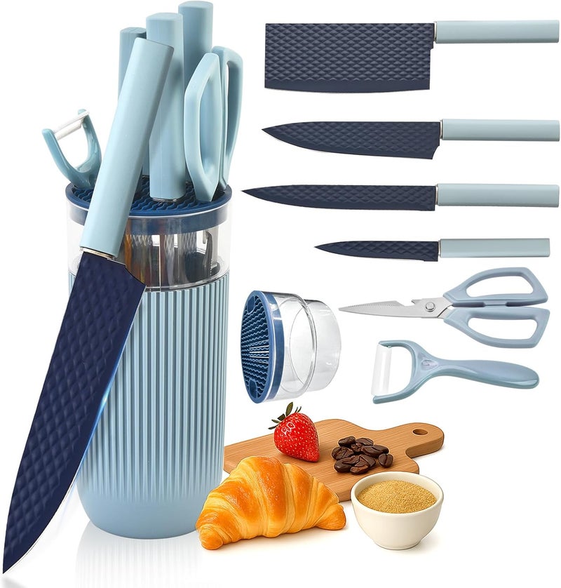 TOPLUCKY Knife Set, 7-Piece Kitchen Knife Set with Sharp Chef and Meat Knives, Anti-Rust Utility Knives Set for Kitchen, Kitchen Knife Block Set（Blue） - Image 1