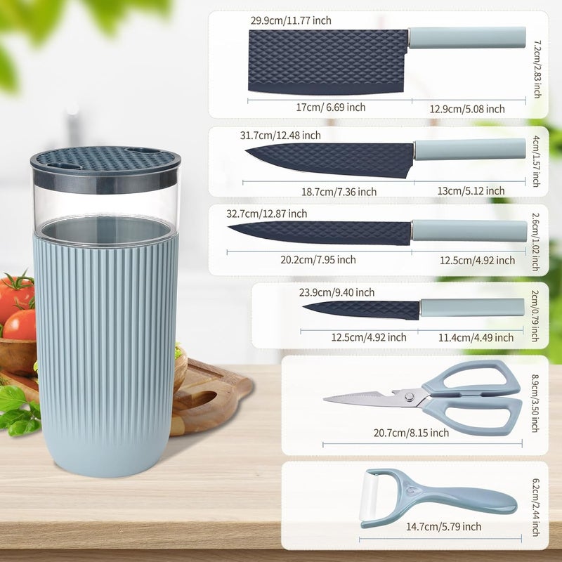 TOPLUCKY Knife Set, 7-Piece Kitchen Knife Set with Sharp Chef and Meat Knives, Anti-Rust Utility Knives Set for Kitchen, Kitchen Knife Block Set（Blue） - Image 5