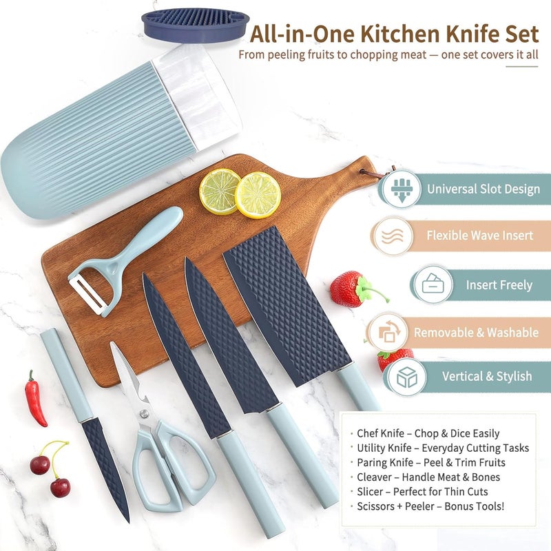 TOPLUCKY Knife Set, 7-Piece Kitchen Knife Set with Sharp Chef and Meat Knives, Anti-Rust Utility Knives Set for Kitchen, Kitchen Knife Block Set（Blue） - Image 2