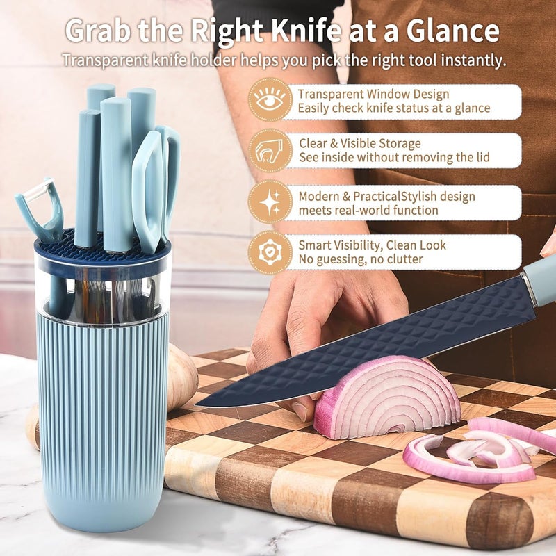 TOPLUCKY Knife Set, 7-Piece Kitchen Knife Set with Sharp Chef and Meat Knives, Anti-Rust Utility Knives Set for Kitchen, Kitchen Knife Block Set（Blue） - Image 4