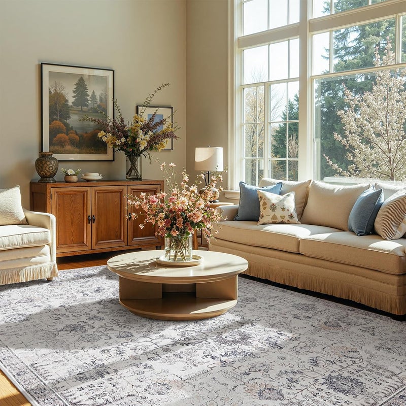 jinchan Vintage Area Rug 305x240CM Indoor Washable Non Slip Accent Carpet for Kitchen, Bedroom, Living Room, Dining Room, Office - Distressed Grey Multi Floral Print Country Boho - Image 5