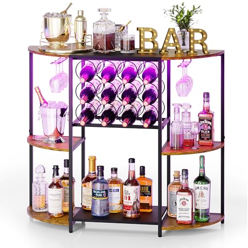 JKsmart Wine Bar Cart with LED Lights, Mini Wine Rack with Storage and Glass Holder, Small Home Bar Cart for Liquor, 3-Tier Bar Table for Kitchen, Dining Room, Living Room, Rustic Brown - Image 1