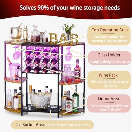 JKsmart Wine Bar Cart with LED Lights, Mini Wine Rack with Storage and Glass Holder, Small Home Bar Cart for Liquor, 3-Tier Bar Table for Kitchen, Dining Room, Living Room, Rustic Brown - Image 2