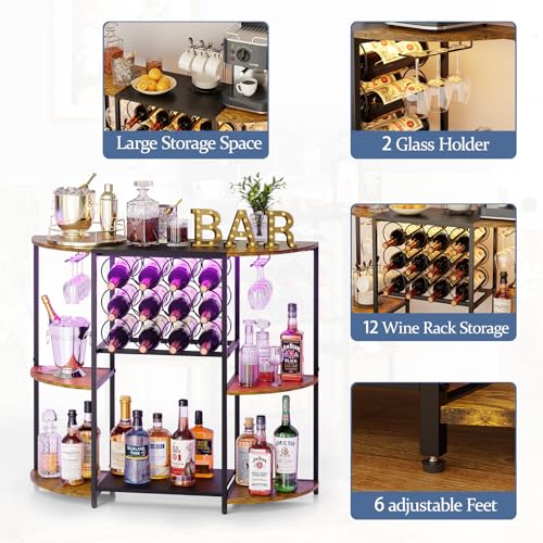 JKsmart Wine Bar Cart with LED Lights, Mini Wine Rack with Storage and Glass Holder, Small Home Bar Cart for Liquor, 3-Tier Bar Table for Kitchen, Dining Room, Living Room, Rustic Brown - Image 5