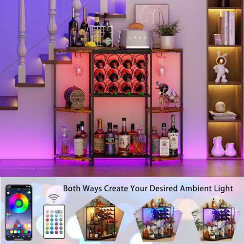 JKsmart Wine Bar Cart with LED Lights, Mini Wine Rack with Storage and Glass Holder, Small Home Bar Cart for Liquor, 3-Tier Bar Table for Kitchen, Dining Room, Living Room, Rustic Brown - Image 3