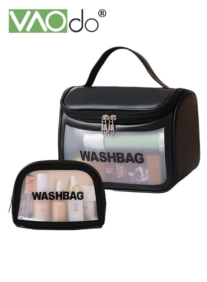 VAOdo 2PCS Clear Travel Toiletry Bag for Women and Men, Matte Translucent Toiletry Bag with Handle and Zip Makeup Comestic Organizer Bag Waterproof PVC Material Black - Image 1
