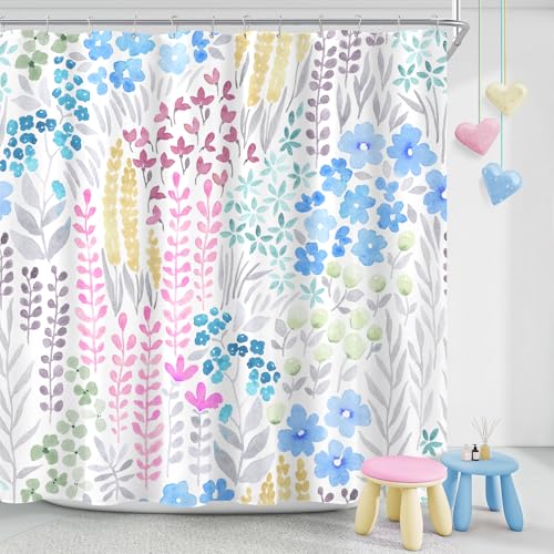 MAYZUS Blue Floral Shower Curtain, Pink Yellow Boho Flower Fabric Shower Curtains, Cute Funky Watercolor Wildflower Shower Curtain Set, Cottagecore Bohemian Bathroom Decor, 72x72 - Image 1