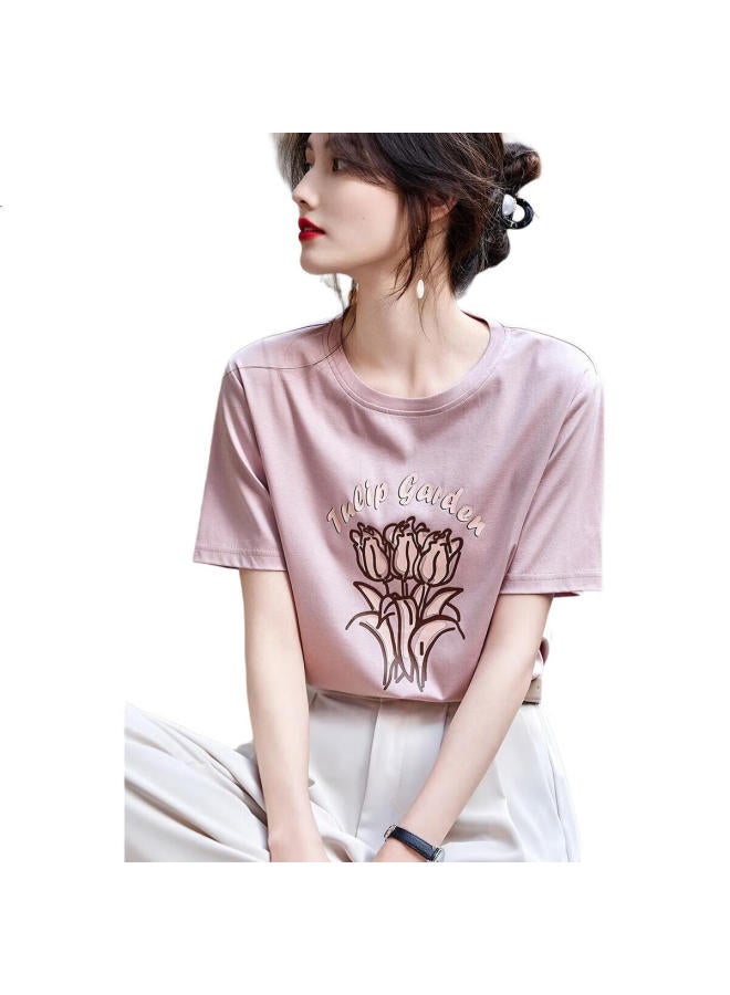 dme "Paris Holiday" Summer New Round Neck Tulip Print Short Sleeve T-Shirt Women'S Cotton Ammonia Refreshing Pressure-Free Women'S T-Shirt - Image 2