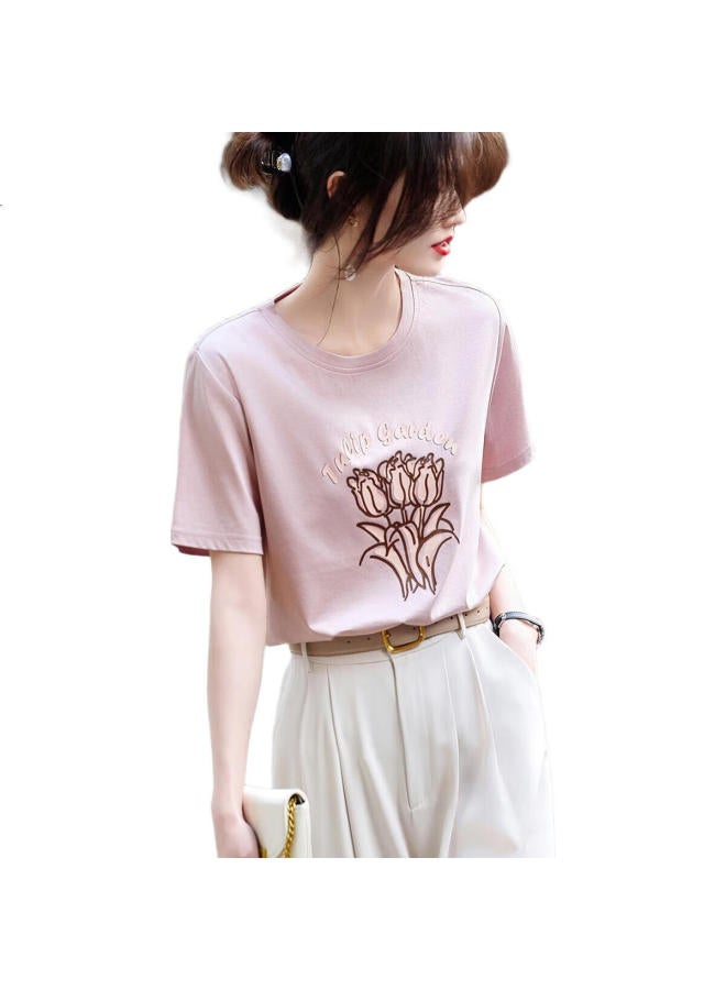 dme "Paris Holiday" Summer New Round Neck Tulip Print Short Sleeve T-Shirt Women'S Cotton Ammonia Refreshing Pressure-Free Women'S T-Shirt - Image 1