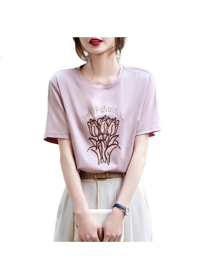dme "Paris Holiday" Summer New Round Neck Tulip Print Short Sleeve T-Shirt Women'S Cotton Ammonia Refreshing Pressure-Free Women'S T-Shirt - Image 3