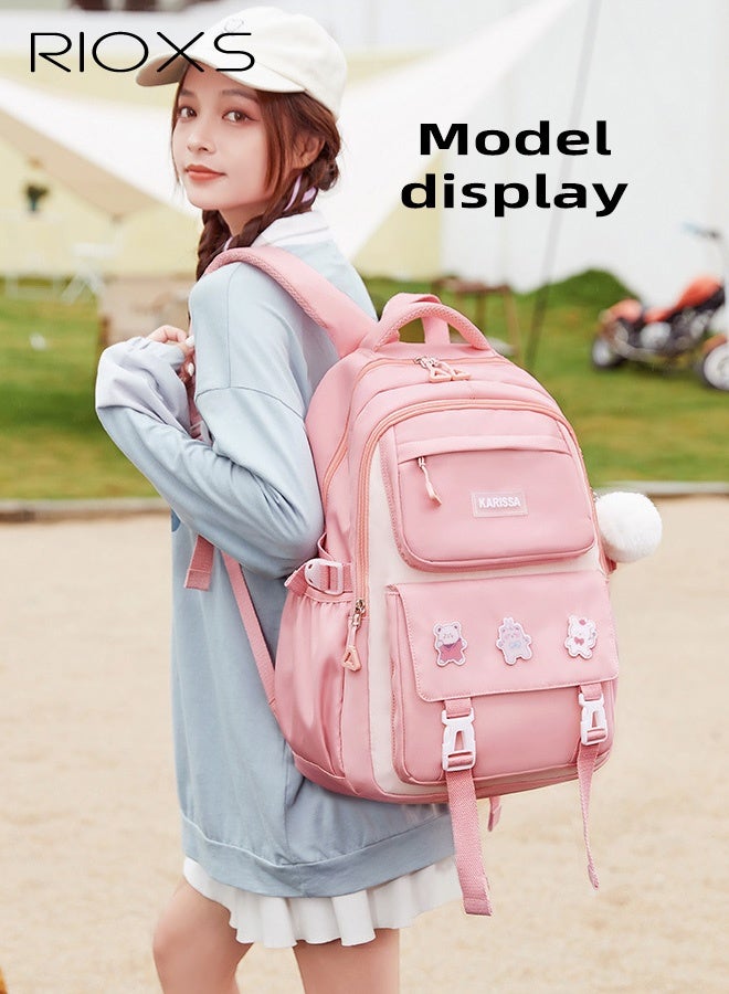 ريوكس حقيبة مدرسية للأطفال البنات مع مقلمة، حقيبة ظهر كبيرة السعة 30*18*43 سم مع أحزمة كتف مبطنة قابلة للتعديل وجيوب متعددة، حقائب كتب مقاومة للماء مخصصة مع شارات كرتونية، حقيبة سفر خفيفة الوزن ومقاومة ومريحة، مثالية للمدرسة، عطلة نهاية الأسبوع، ركوب الدراجات، التخييم، لون وردي - Image 3