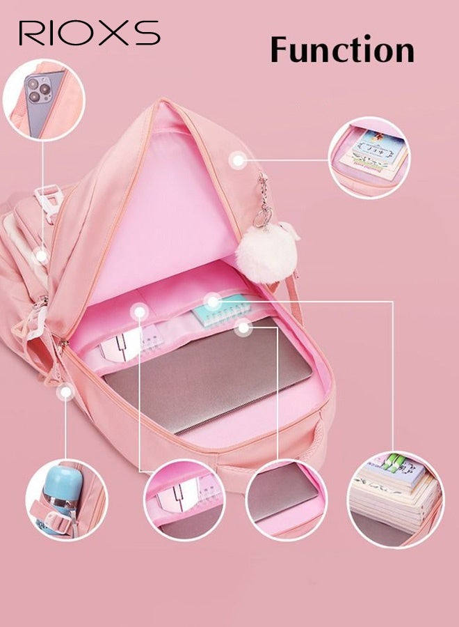 ريوكس حقيبة مدرسية للأطفال البنات مع مقلمة، حقيبة ظهر كبيرة السعة 30*18*43 سم مع أحزمة كتف مبطنة قابلة للتعديل وجيوب متعددة، حقائب كتب مقاومة للماء مخصصة مع شارات كرتونية، حقيبة سفر خفيفة الوزن ومقاومة ومريحة، مثالية للمدرسة، عطلة نهاية الأسبوع، ركوب الدراجات، التخييم، لون وردي - Image 5