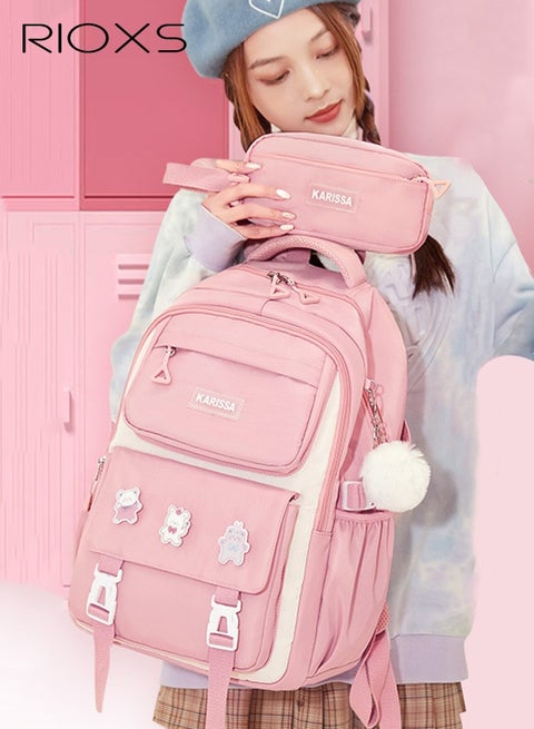 حقيبة مدرسية للأطفال البنات مع مقلمة، حقيبة ظهر كبيرة السعة 30*18*43 سم مع أحزمة كتف مبطنة قابلة للتعديل وجيوب متعددة، حقائب كتب مقاومة للماء مخصصة مع شارات كرتونية، حقيبة سفر خفيفة الوزن ومقاومة ومريحة، مثالية للمدرسة، عطلة نهاية الأسبوع، ركوب الدراجات، التخييم، لون وردي