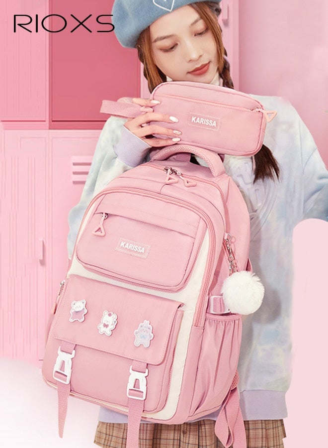 ريوكس حقيبة مدرسية للأطفال البنات مع مقلمة، حقيبة ظهر كبيرة السعة 30*18*43 سم مع أحزمة كتف مبطنة قابلة للتعديل وجيوب متعددة، حقائب كتب مقاومة للماء مخصصة مع شارات كرتونية، حقيبة سفر خفيفة الوزن ومقاومة ومريحة، مثالية للمدرسة، عطلة نهاية الأسبوع، ركوب الدراجات، التخييم، لون وردي - Image 1