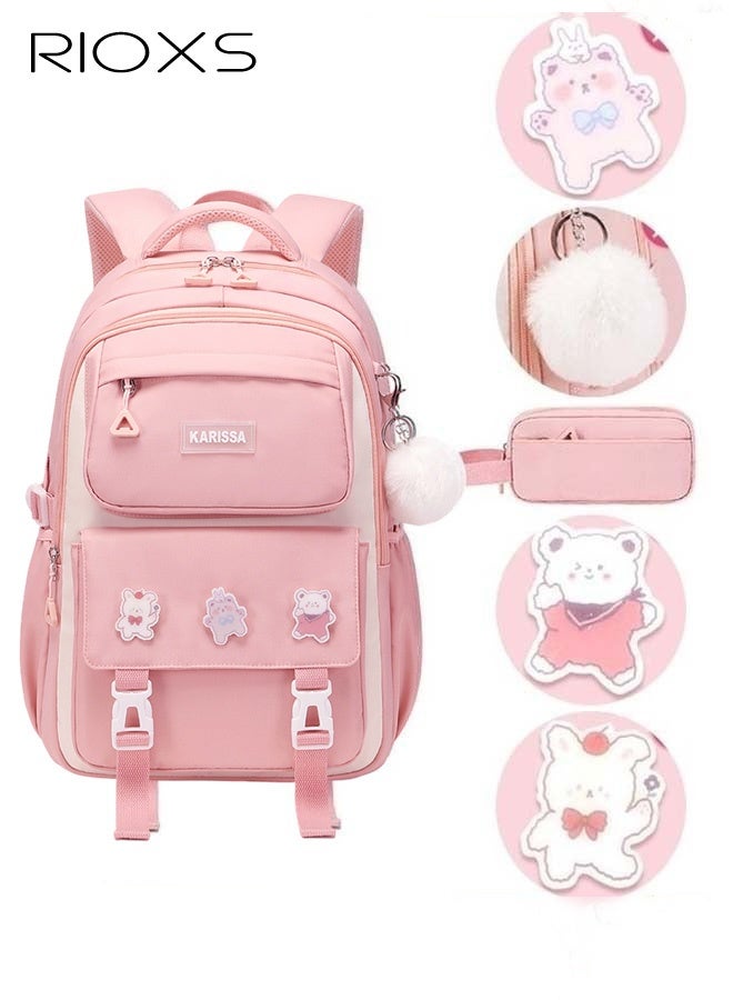 ريوكس حقيبة مدرسية للأطفال البنات مع مقلمة، حقيبة ظهر كبيرة السعة 30*18*43 سم مع أحزمة كتف مبطنة قابلة للتعديل وجيوب متعددة، حقائب كتب مقاومة للماء مخصصة مع شارات كرتونية، حقيبة سفر خفيفة الوزن ومقاومة ومريحة، مثالية للمدرسة، عطلة نهاية الأسبوع، ركوب الدراجات، التخييم، لون وردي - Image 2