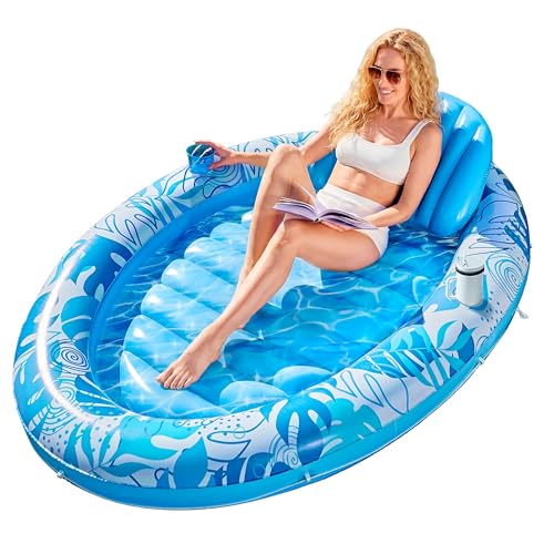 SLOOSH Inflatable Tanning Pool Lounger Float 70 x 50 Pool Floats Adult with Pillow 4 in 1 Oval Suntan Tub Raft FloatieSunbathing Bed Lounge for Water Blow Up Ball Pit Party Gifts Blue - Image 1