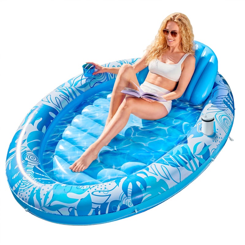 SLOOSH Inflatable Tanning Pool Lounger Float 70 x 50 Pool Floats Adult with Pillow 4 in 1 Oval Suntan Tub Raft FloatieSunbathing Bed Lounge for Water Blow Up Ball Pit Party Gifts Blue - Image 2
