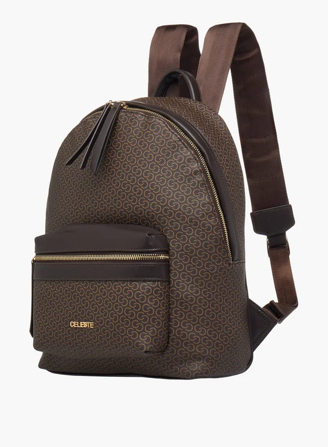 Celeste Women's Monogram Print Backpack with Adjustable Straps and Zip Closure - 28x9x34 cm