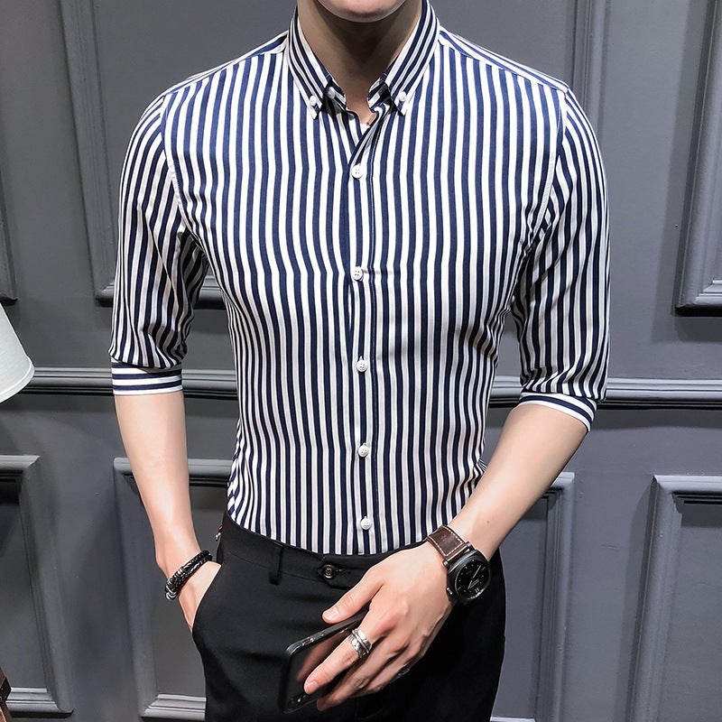 2023 Summer New Mens Korean Style Slim-fit Seven-sleeve Striped Shirt Fashionable Mens Large Size Casual Trendy Cardigan Light Blue  - Image 3