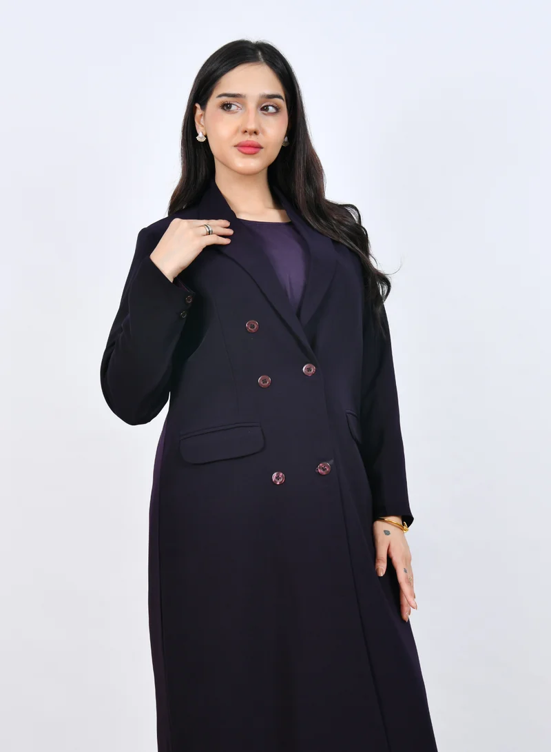 HAWRAA ABAYA Dark Purple Blazer-Style Abaya featuring inner lining and shoulder epaulettes for a structured, elegant look.