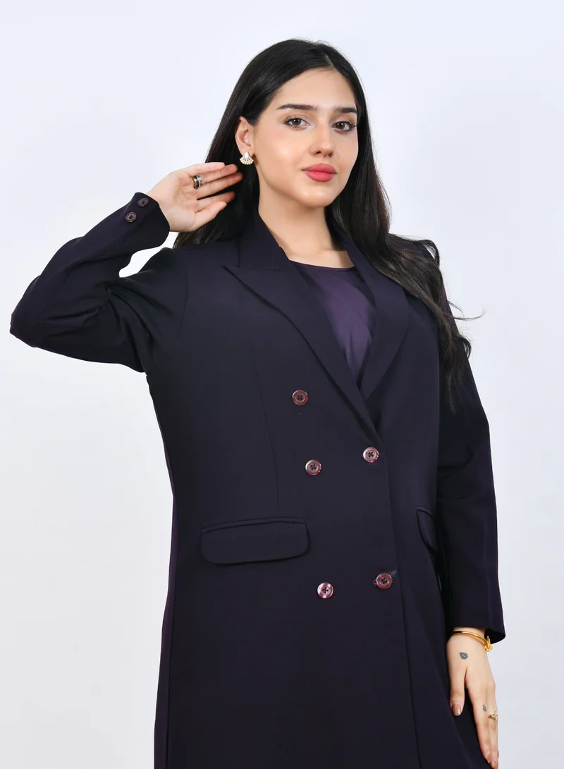 HAWRAA ABAYA Dark Purple Blazer-Style Abaya featuring inner lining and shoulder epaulettes for a structured, elegant look.